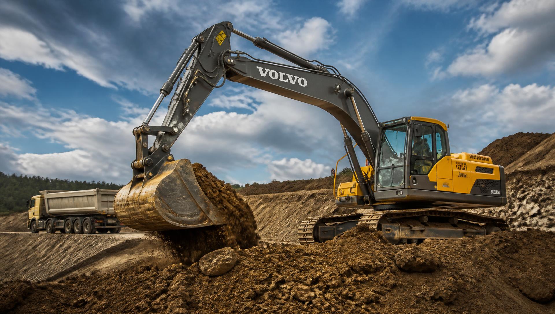 Excavator and dump truck working on a construction site